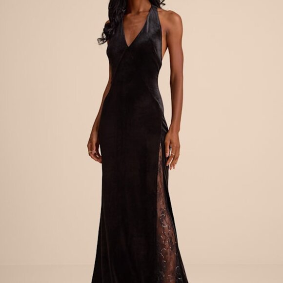 Lulus Calisto Black Velvet Halter Mermaid Maxi Dress - Size S - Picture 1 of 1